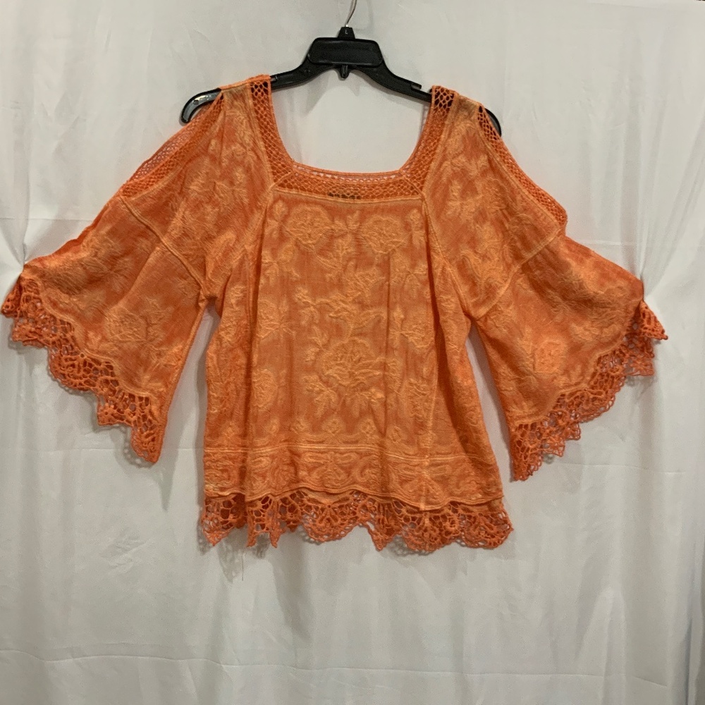 Democracy 100% Cotton Cold Shoulder Bell Sleeved Peasant Blouse Women's M  Mango